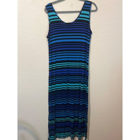Ellen Parker Sz L Shades of Blue Horizontal Stripe Sleeveless Tank Dress - Picture 4 of 5